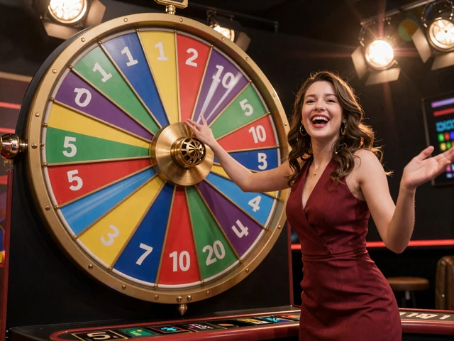 Dream Catcher Live Gl&uuml;cksrad-Spiel mit bunten Segmenten und Moderatorin