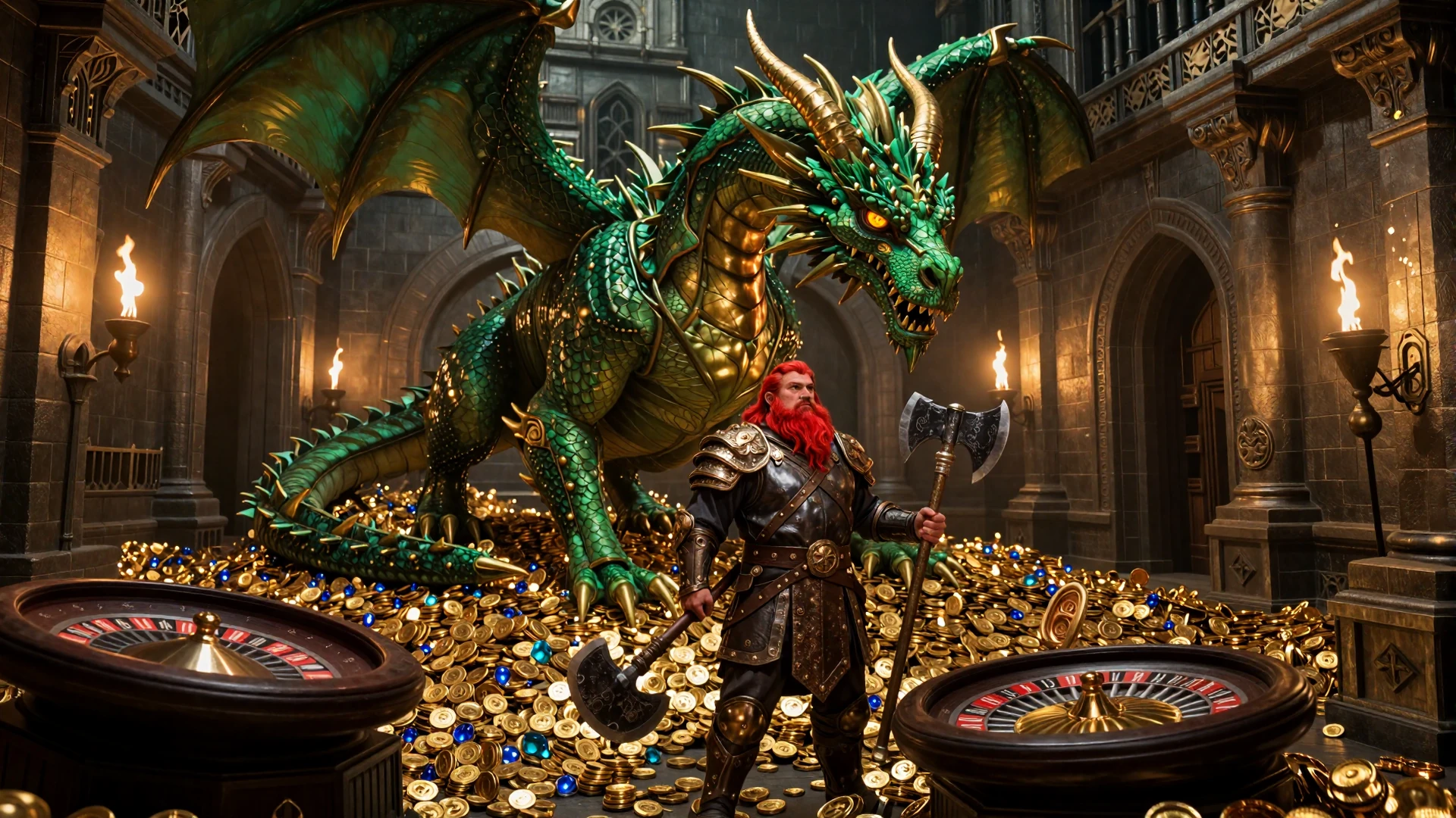 Dragonia Casino Drachen-Maskottchen bewacht Schatzkammer mit Goldm&uuml;nzen und Casino-Sch&auml;tzen