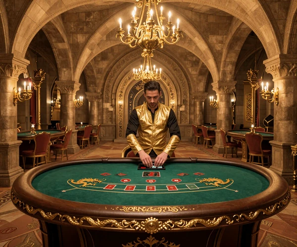 Gold Saloon exklusive Live Casino Lounge mit Drachen-Design und goldenen Dekorationen bei Dragonia