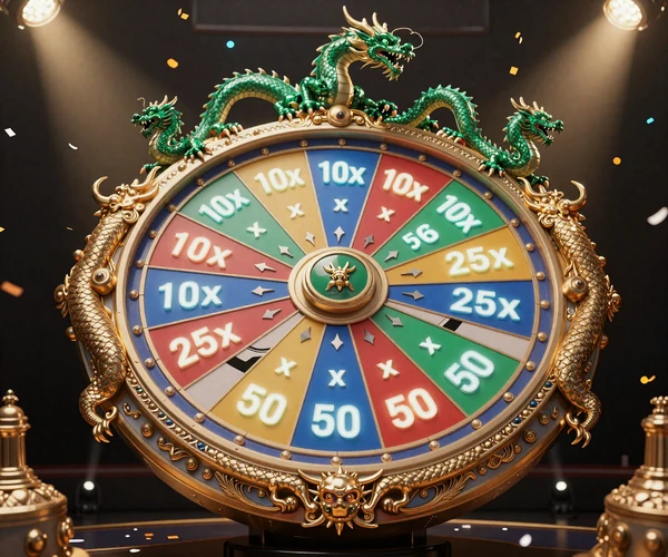 Game Show Gl&uuml;cksrad mit Drachen-Motiven und Multiplikatoren bei Dragonia Casino
