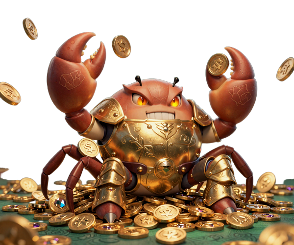 Dragonia Casino Bonus Crab Maskottchen mit goldener R&uuml;stung und Sch&auml;tzen