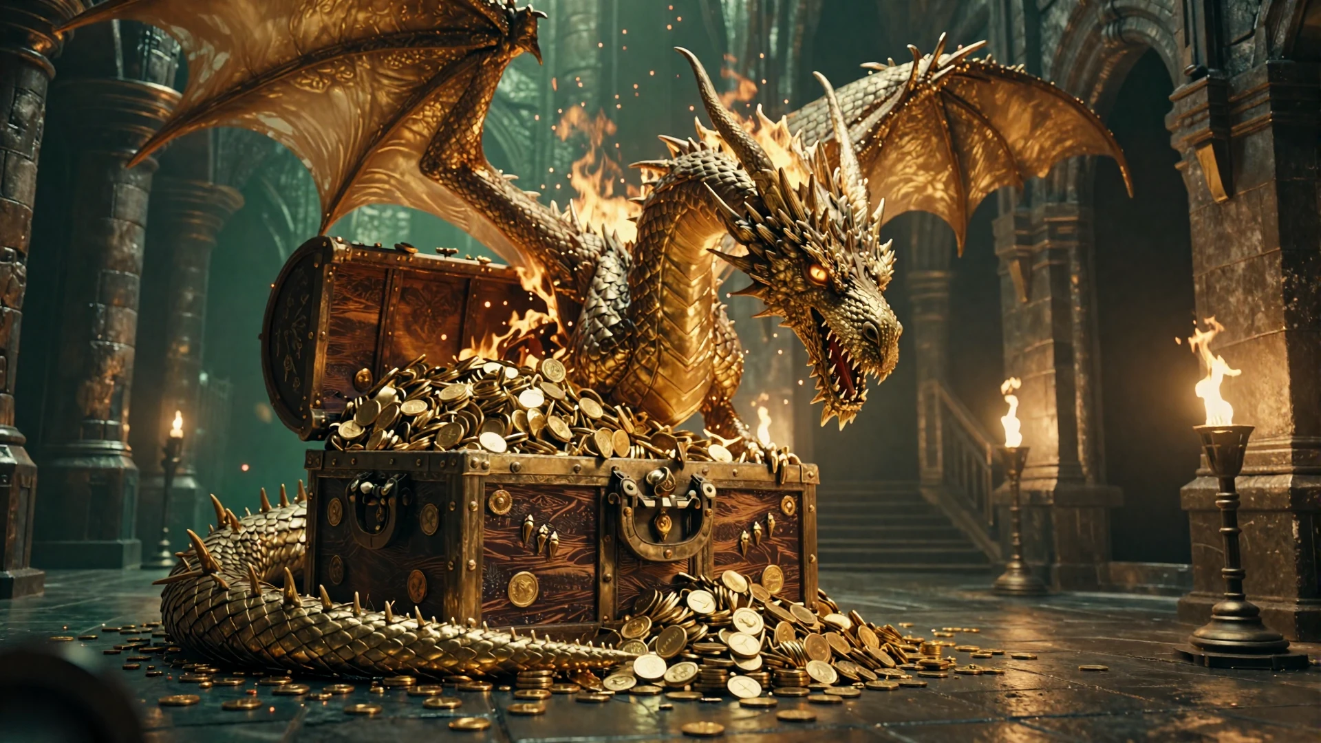 Dragonia Casino Drache bewacht eine Schatztruhe voller Goldm&uuml;nzen und Juwelen im mittelalterlichen Gew&ouml;lbe