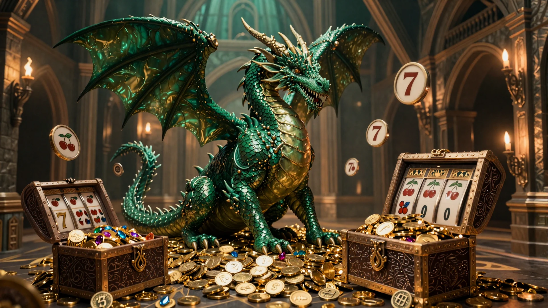 Dragonia Casino Drache bewacht Schatz mit goldenen Spielautomaten-Symbolen und M&uuml;nzen