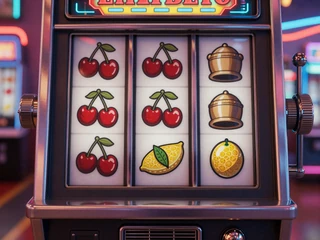 Klassischer Frucht-Spielautomat mit Kirschen und Glocken im Retro-Stil