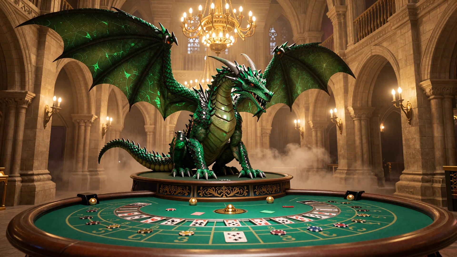 Dragonia Casino Live Casino mit Drachen-Maskottchen auf Roulette-Tisch in mittelalterlicher Casino-Halle mit Smaragdgr&uuml;nem Filz